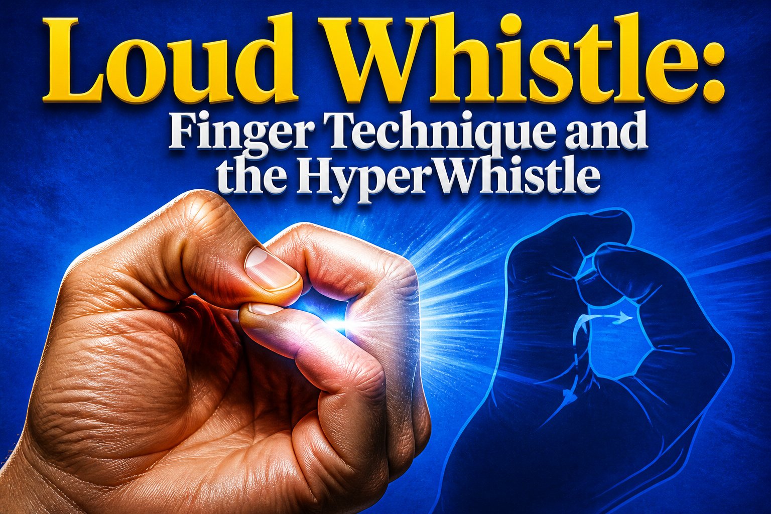 Hands positioned to form an 'A' shape, demonstrating whistling technique.