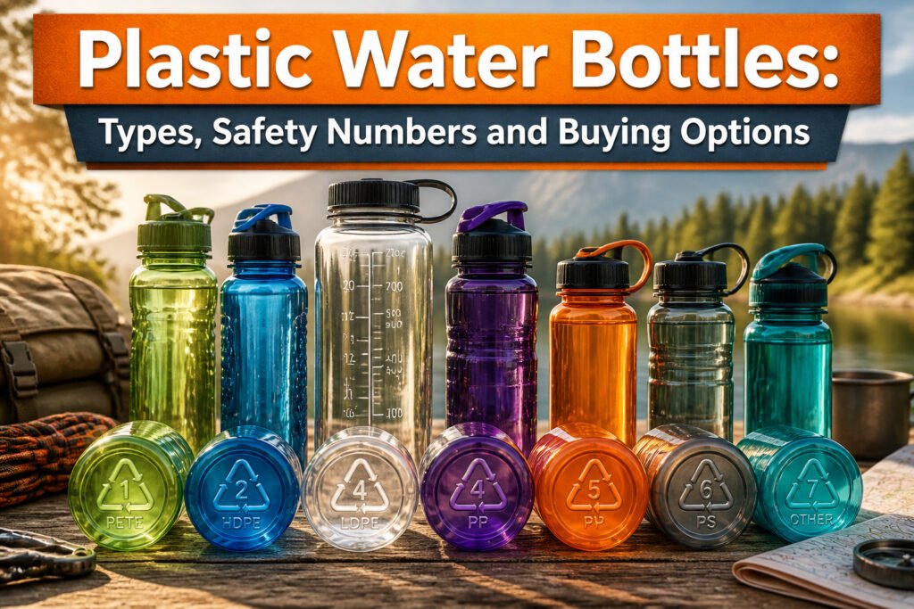 Different types of plastic water bottles displayed on a surface.