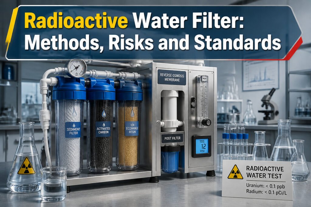 Different types of water filters designed to remove radioactive contaminants.