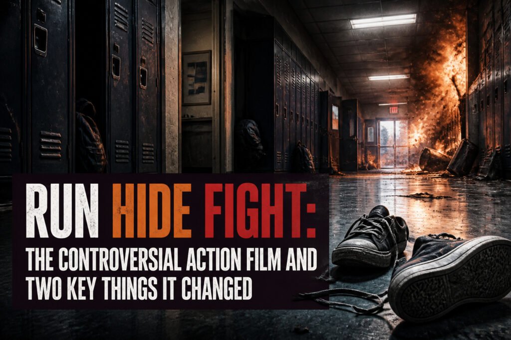 Movie poster for *Run Hide Fight* featuring the main character and dramatic imagery.