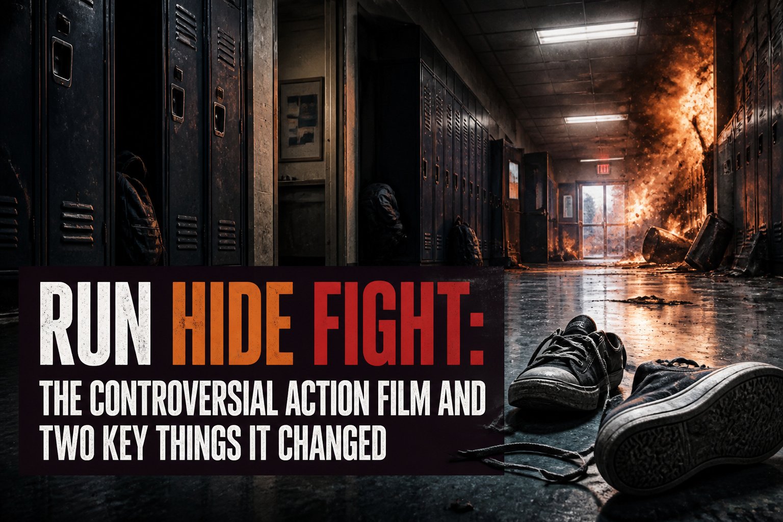 Movie poster for *Run Hide Fight* featuring the main character and dramatic imagery.