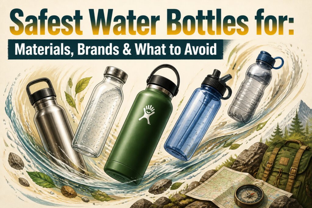 A collection of various safe water bottles on display.