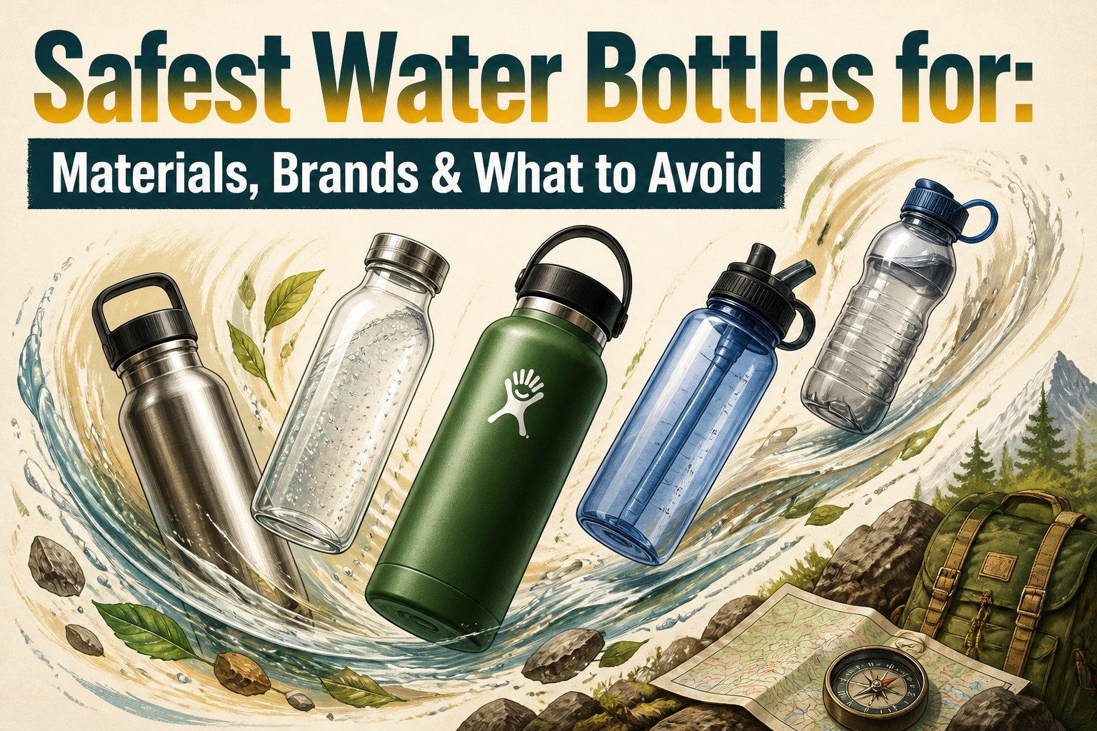 A collection of various safe water bottles on display.