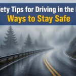 A car driving in dense fog with limited visibility.
