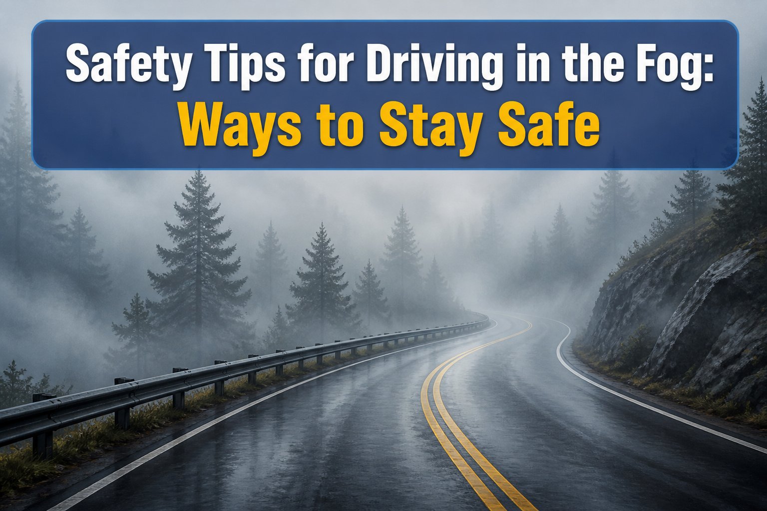 A car driving in dense fog with limited visibility.