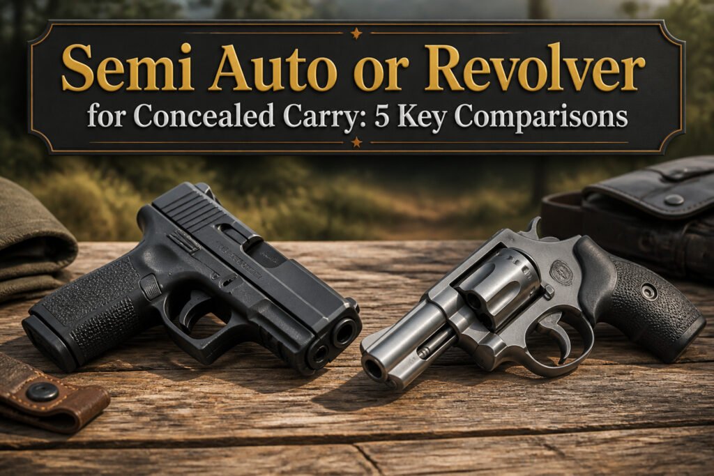 A semi-automatic pistol and a revolver on a wooden surface.