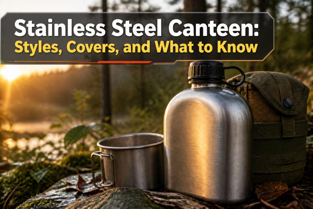 Different styles of stainless steel canteens displayed together.