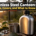 Different styles of stainless steel canteens displayed together.