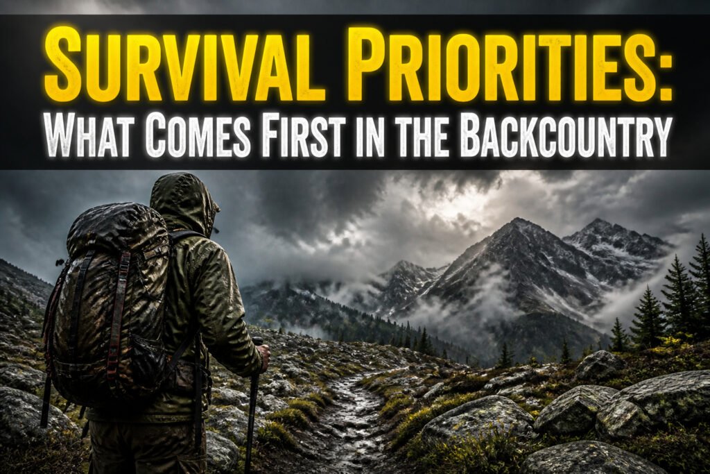 A collection of survival gear including a tarp, fire starter, and water purification tools.