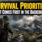 A collection of survival gear including a tarp, fire starter, and water purification tools.