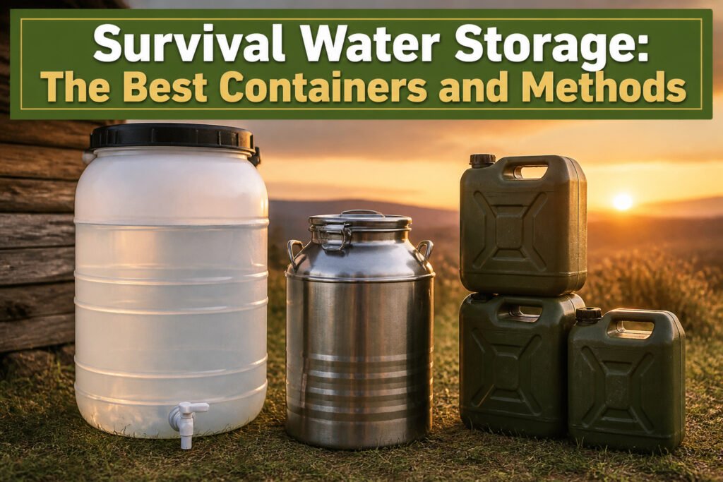 A variety of survival water storage containers displayed on a countertop.