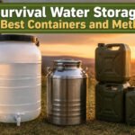 A variety of survival water storage containers displayed on a countertop.