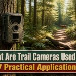 A trail camera mounted on a tree in a forest.