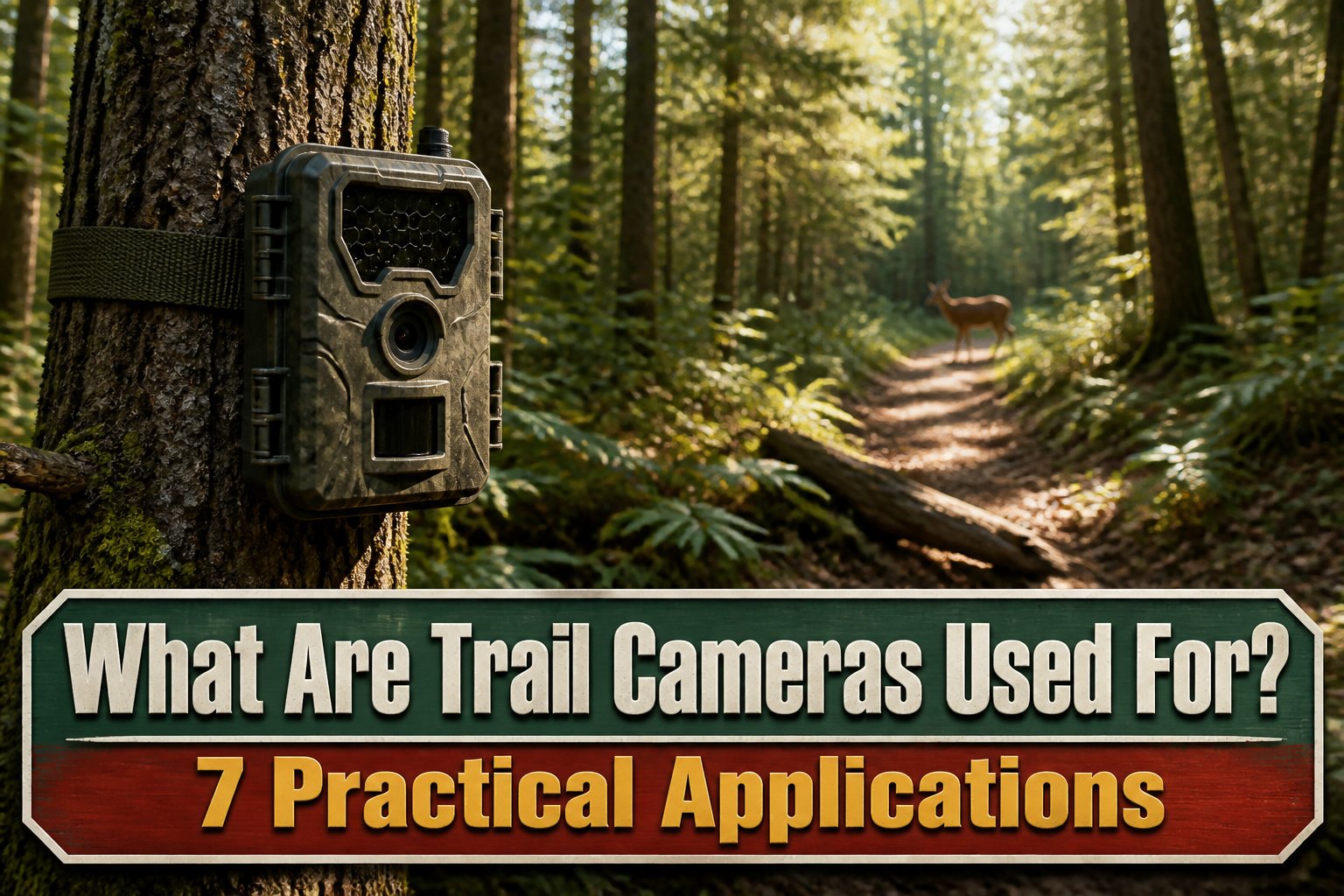 A trail camera mounted on a tree in a forest.
