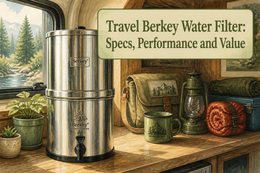 Travel Berkey Water Filter on a countertop with a rustic background.