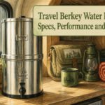 Travel Berkey Water Filter on a countertop with a rustic background.