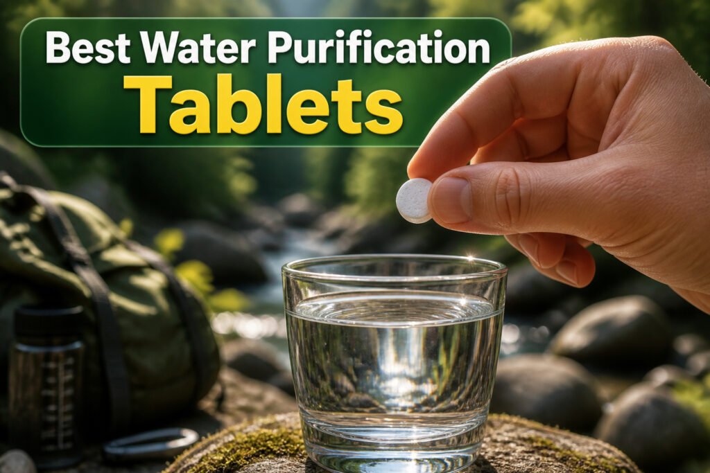 Various water purification tablets displayed on a surface.