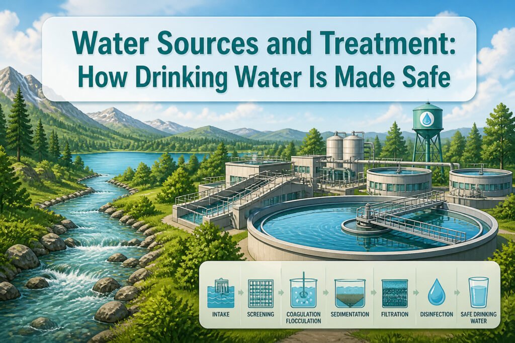 A water treatment facility with various tanks and equipment for processing water.